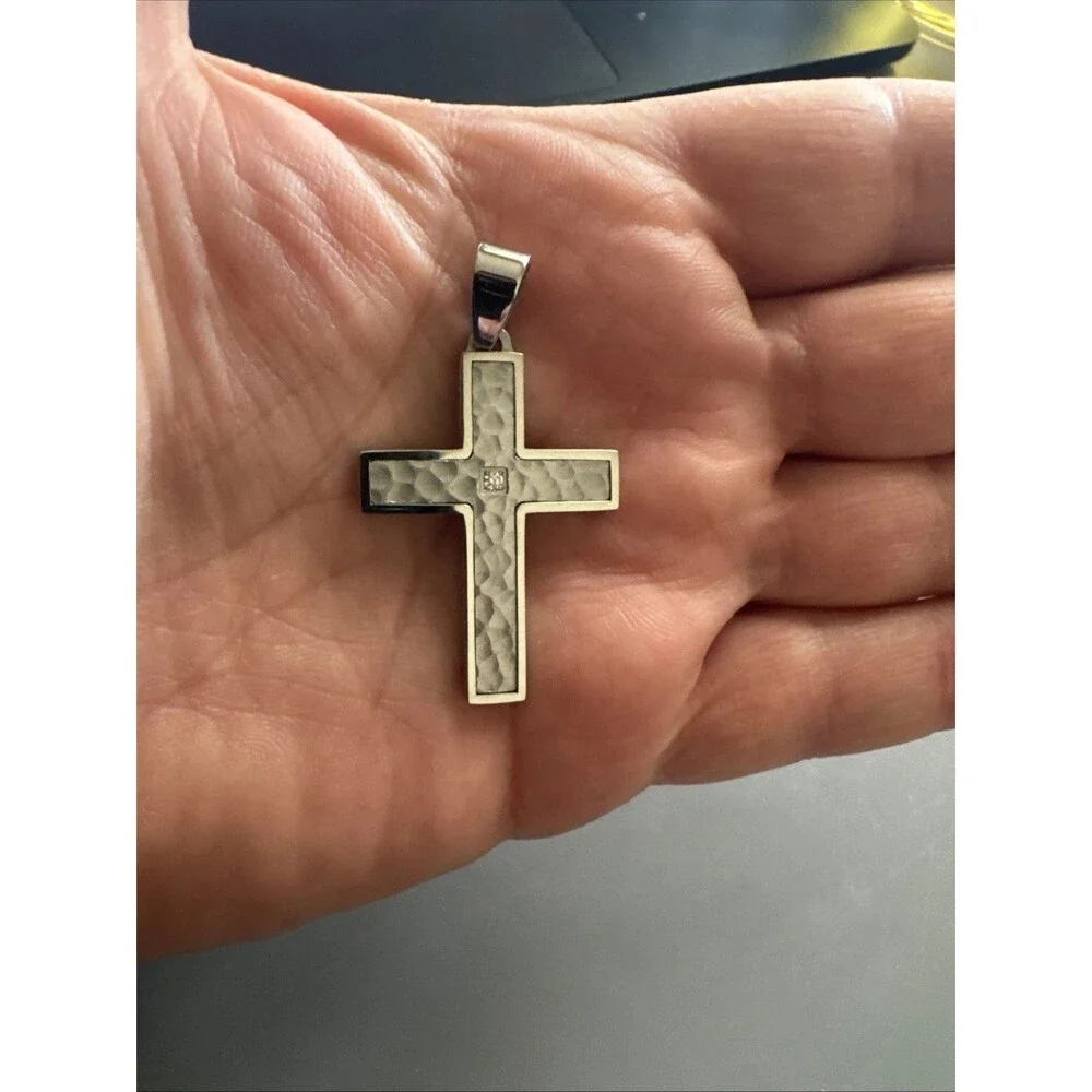 Cross Pendant Center Cubic Zirconia Stainless Steel 24” Chain Necklace Unisex